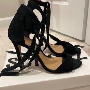 Schutz Black Suede Open Toe Heels